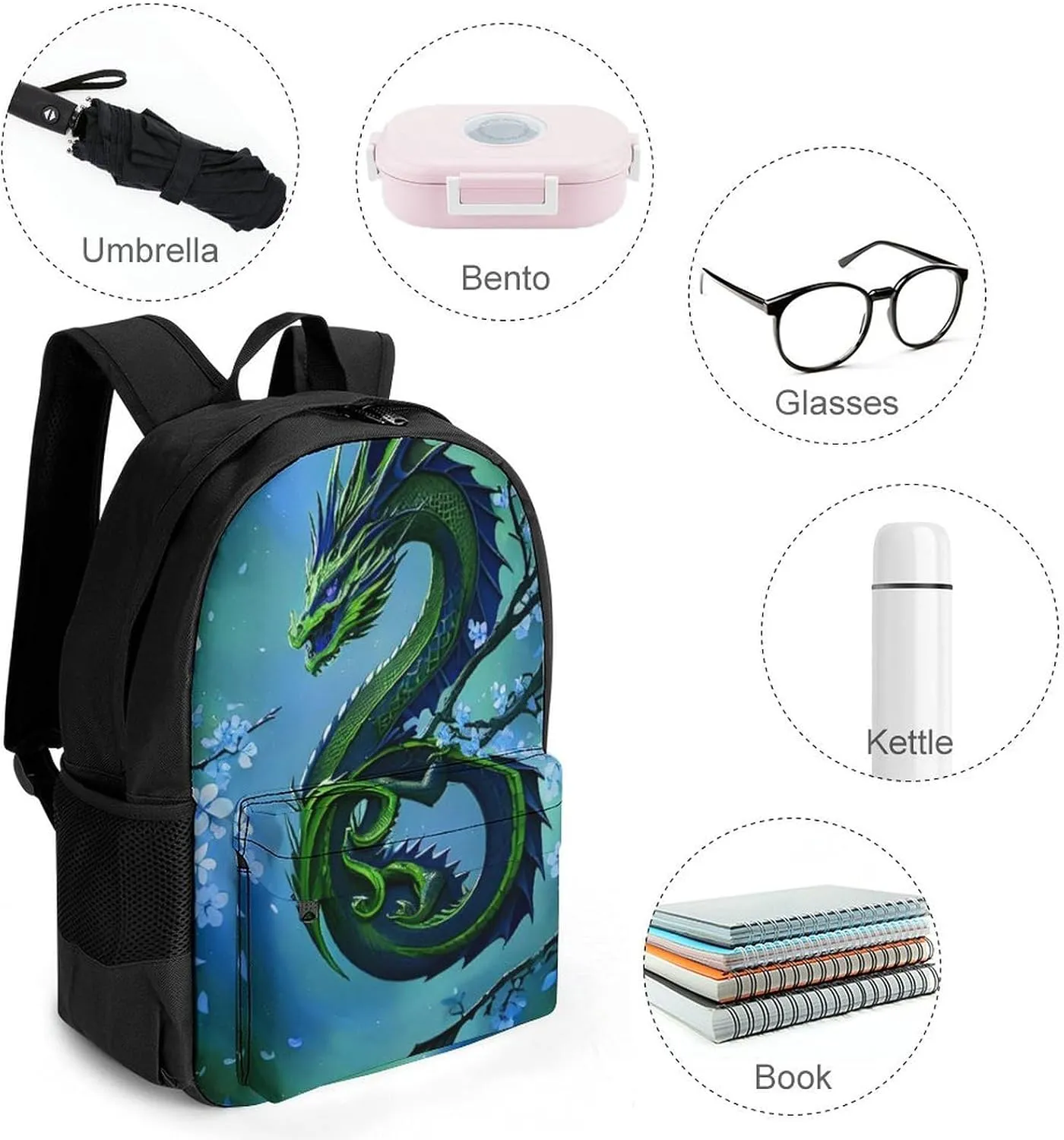 Men Women Polyester Romantic Dragon Cherry Flowers Art Daypack Big Capacity Shoulder Bag With Smooth Zippers for Hiking Work Walking Cycling