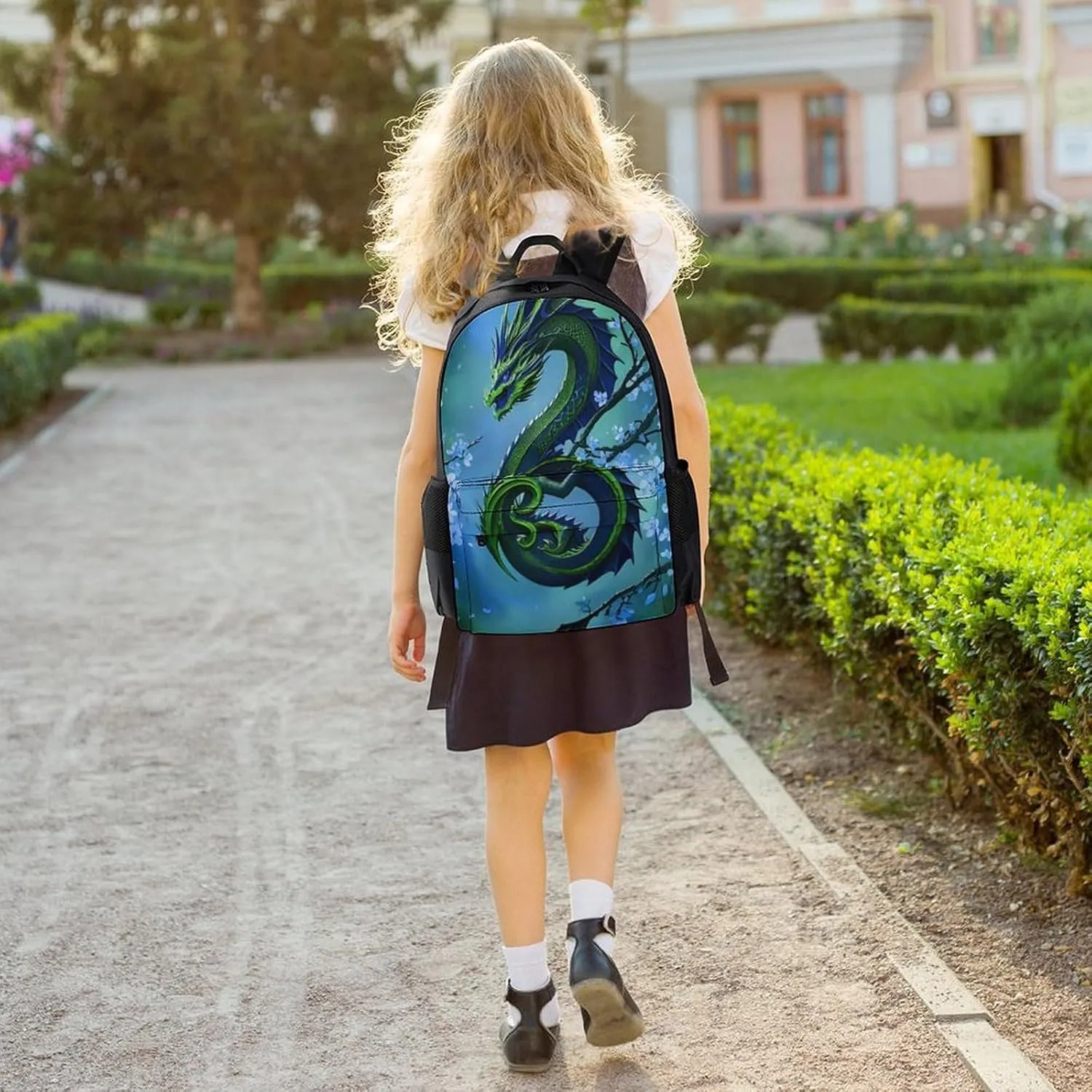 Men Women Polyester Romantic Dragon Cherry Flowers Art Daypack Big Capacity Shoulder Bag With Smooth Zippers for Hiking Work Walking Cycling