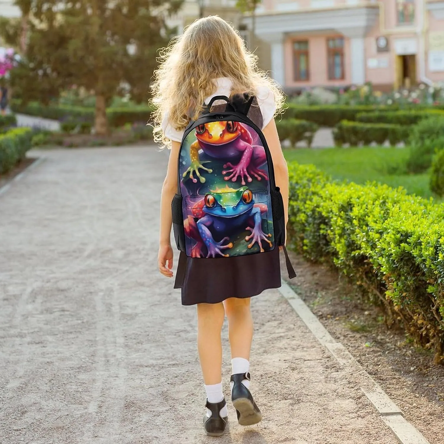 Men Women Polyester Watercolor Frogs Art Daypack Big Capacity Shoulder Bag With Smooth Zippers for Hiking Work Walking Cycling