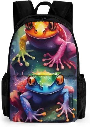 Men Women Polyester Watercolor Frogs Art Daypack Big Capacity Shoulder Bag With Smooth Zippers for Hiking Work Walking Cycling