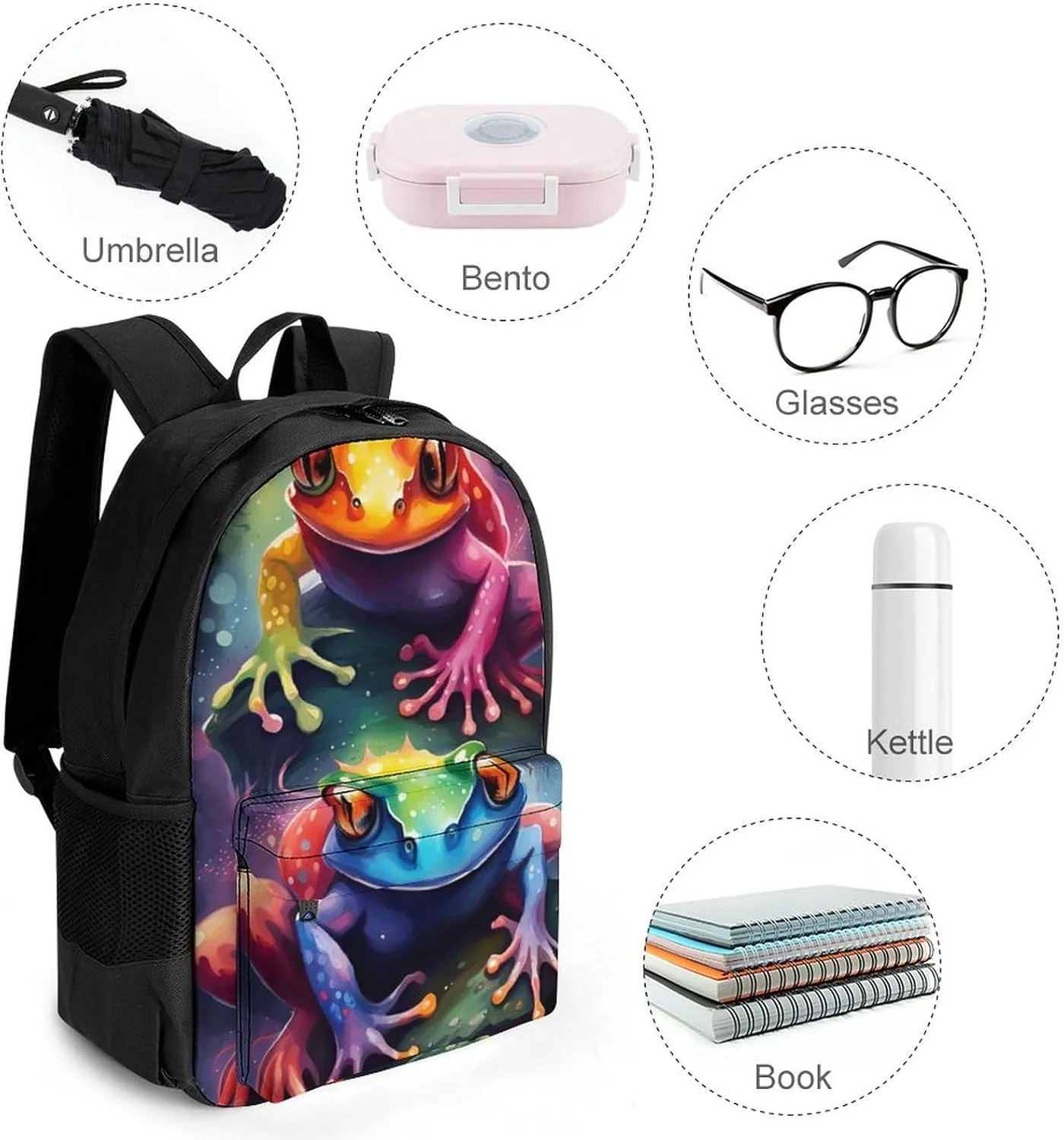 Men Women Polyester Watercolor Frogs Art Daypack Big Capacity Shoulder Bag With Smooth Zippers for Hiking Work Walking Cycling