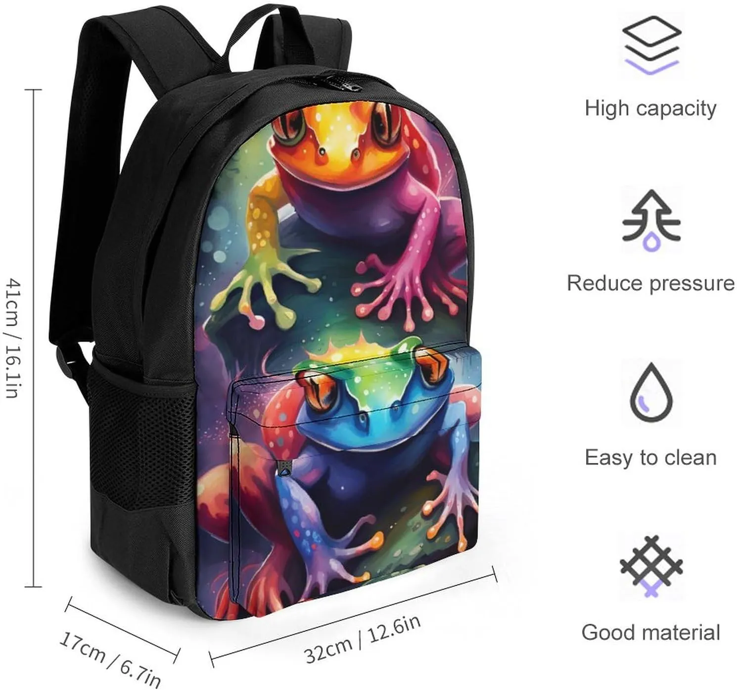 Men Women Polyester Watercolor Frogs Art Daypack Big Capacity Shoulder Bag With Smooth Zippers for Hiking Work Walking Cycling