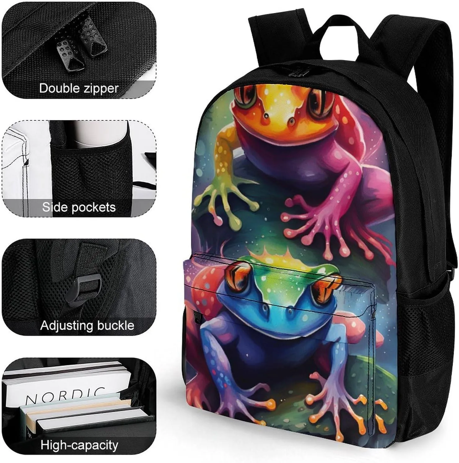 Men Women Polyester Watercolor Frogs Art Daypack Big Capacity Shoulder Bag With Smooth Zippers for Hiking Work Walking Cycling
