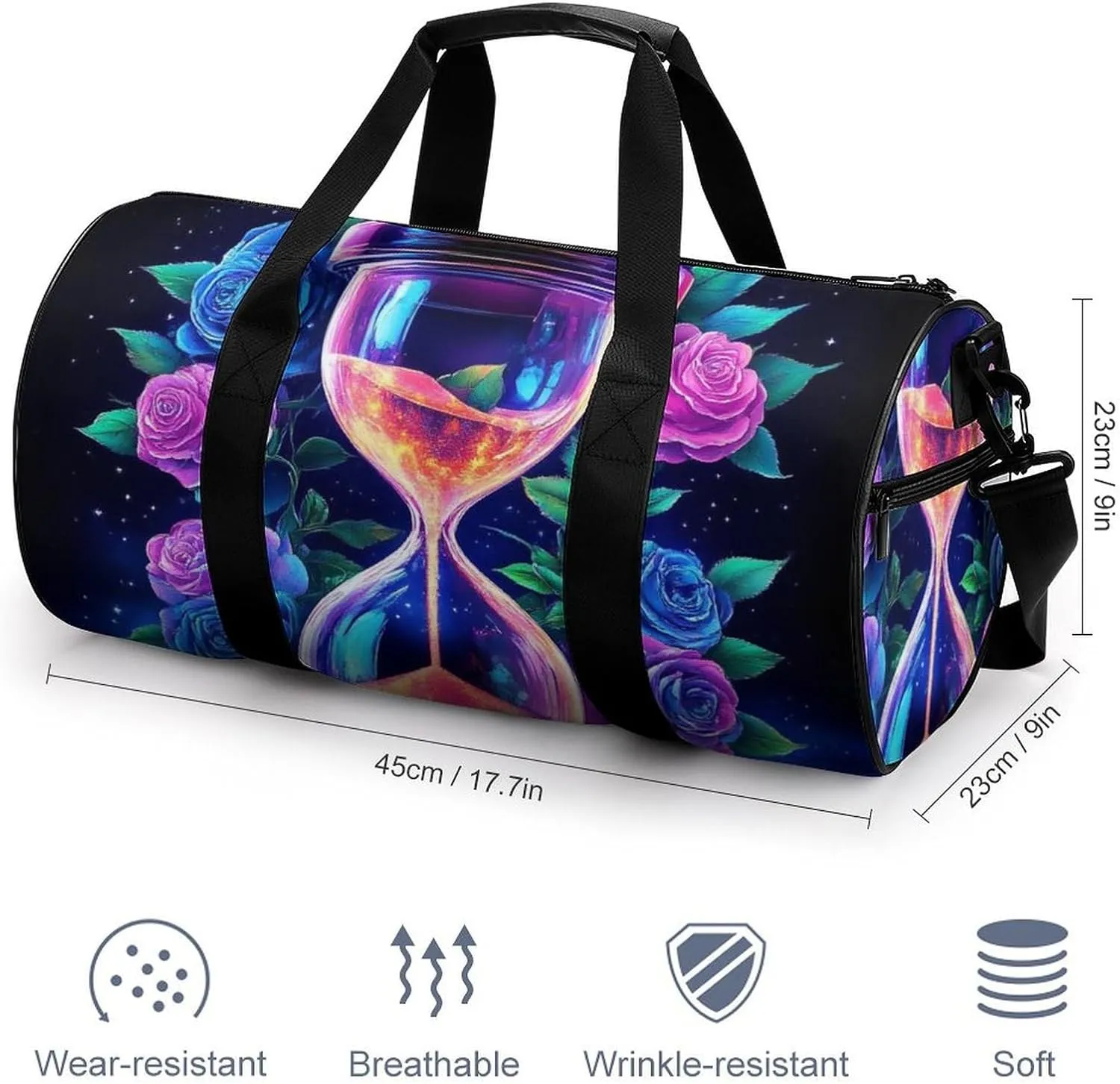 Mens Gym Duffel Bag, Waterproof Travel Storage Bag with Adjustable Strap Trippy Magic Flowers Rose Art Sport Yoga Handbag for Overnight Weekender