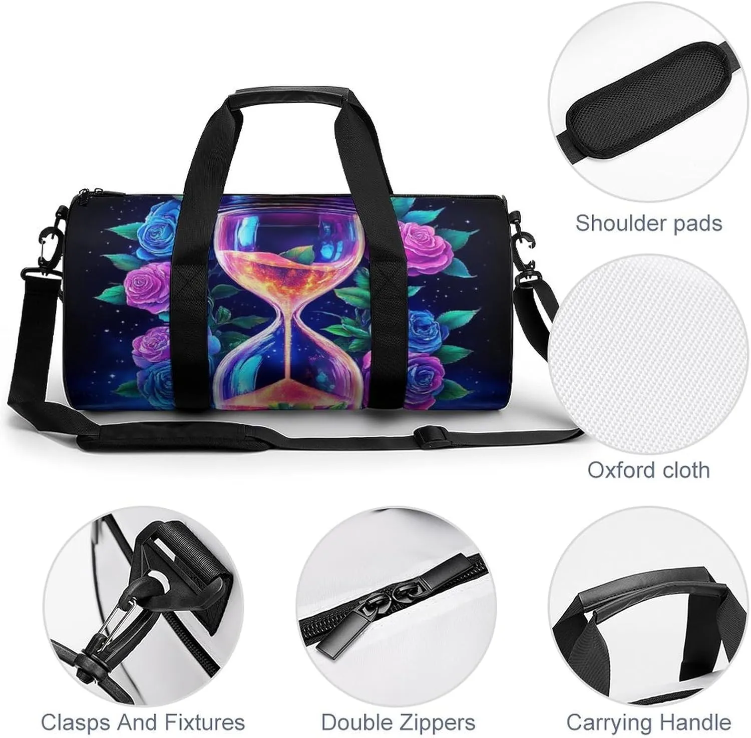 Mens Gym Duffel Bag, Waterproof Travel Storage Bag with Adjustable Strap Trippy Magic Flowers Rose Art Sport Yoga Handbag for Overnight Weekender