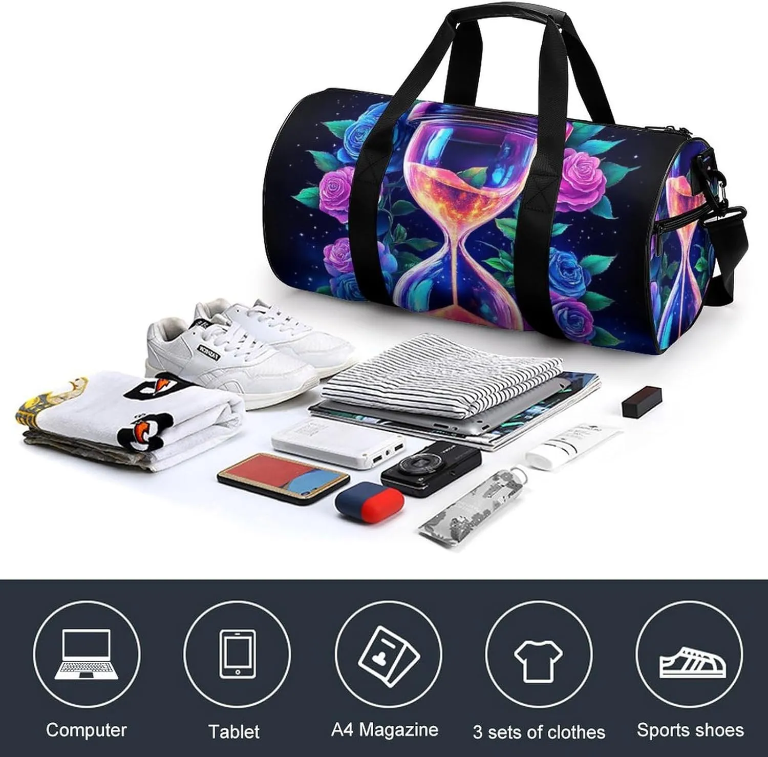 Mens Gym Duffel Bag, Waterproof Travel Storage Bag with Adjustable Strap Trippy Magic Flowers Rose Art Sport Yoga Handbag for Overnight Weekender