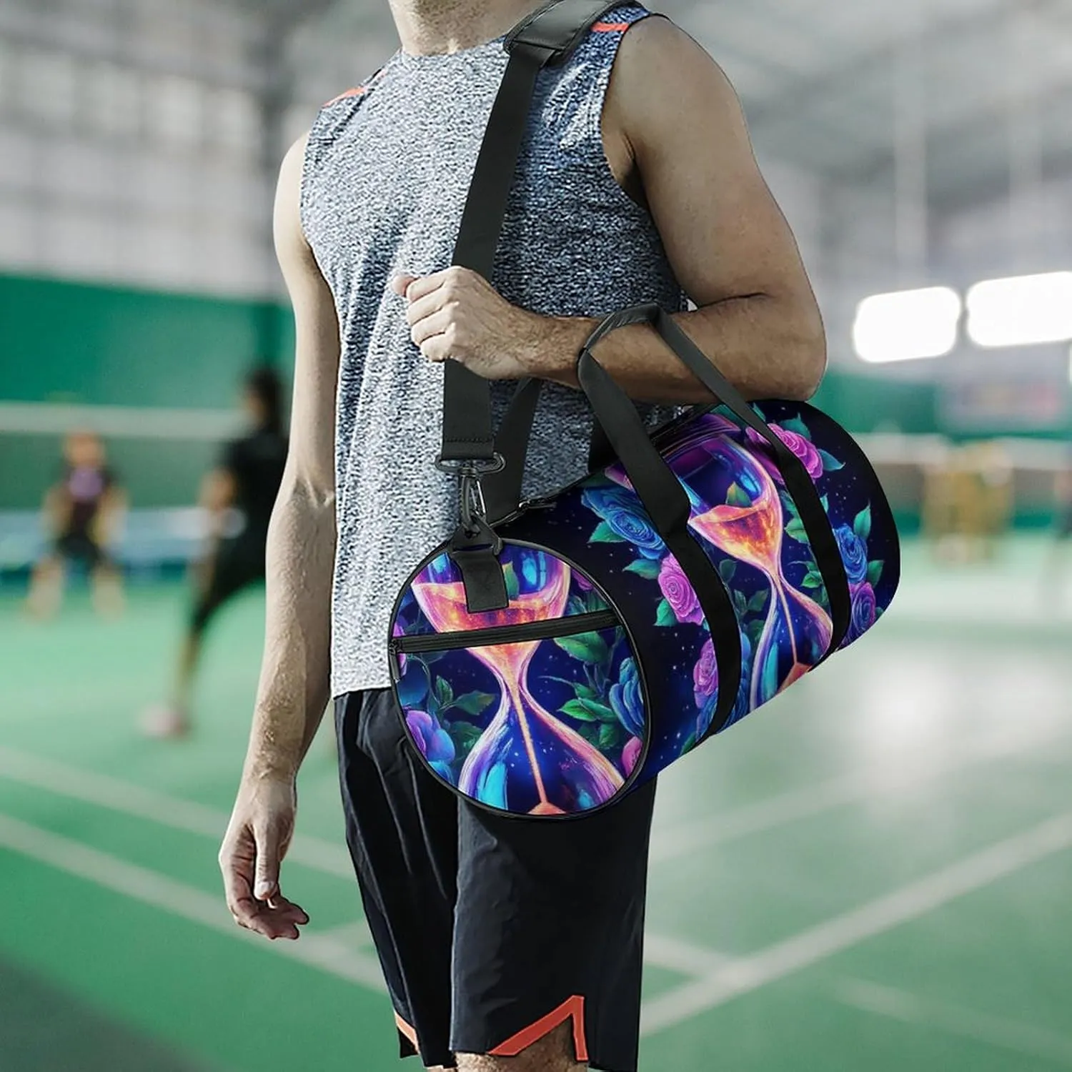 Mens Gym Duffel Bag, Waterproof Travel Storage Bag with Adjustable Strap Trippy Magic Flowers Rose Art Sport Yoga Handbag for Overnight Weekender
