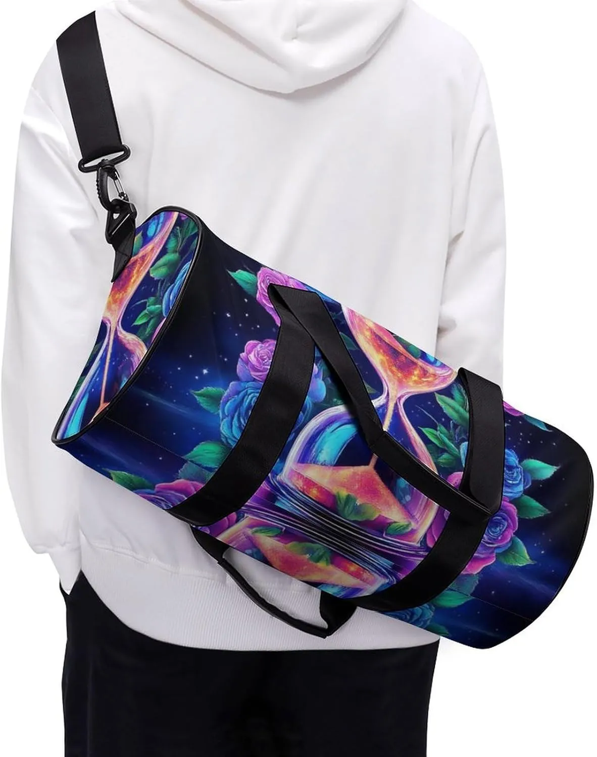 Mens Gym Duffel Bag, Waterproof Travel Storage Bag with Adjustable Strap Trippy Magic Flowers Rose Art Sport Yoga Handbag for Overnight Weekender