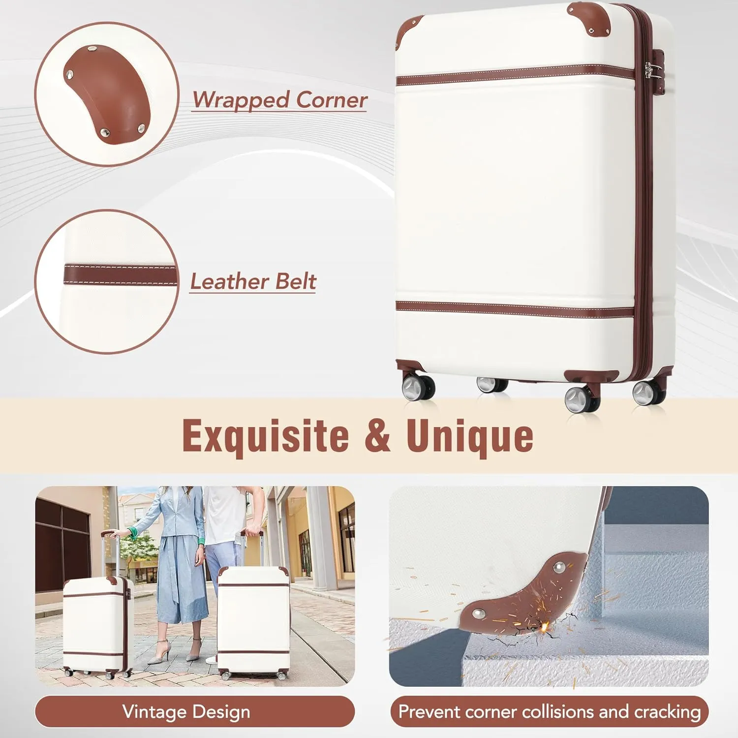 Merax Luggage Set 2 Piece Suitcase Set with Cosmetic Case Expandable Spinner Wheels Vintage Luggage Sets (White,20" 24")