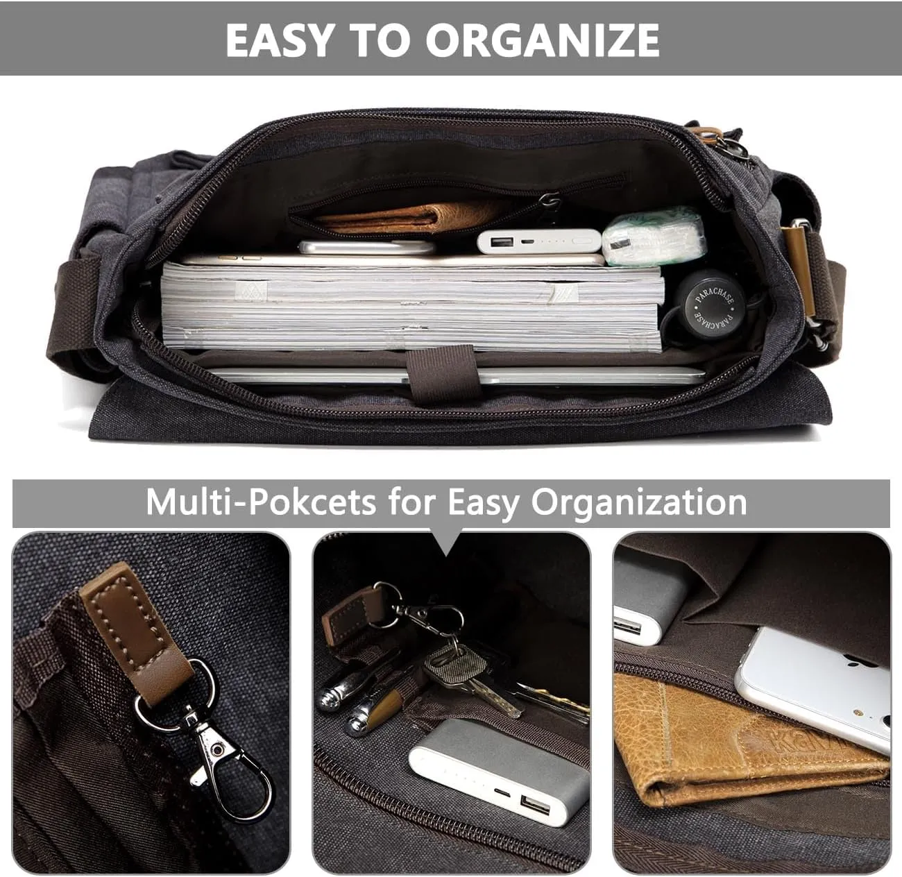 Messenger Bag for Men,VASCHY Vintage Water Resistant Canvas Satchel 14 15.6 17inch Laptop Briefcase