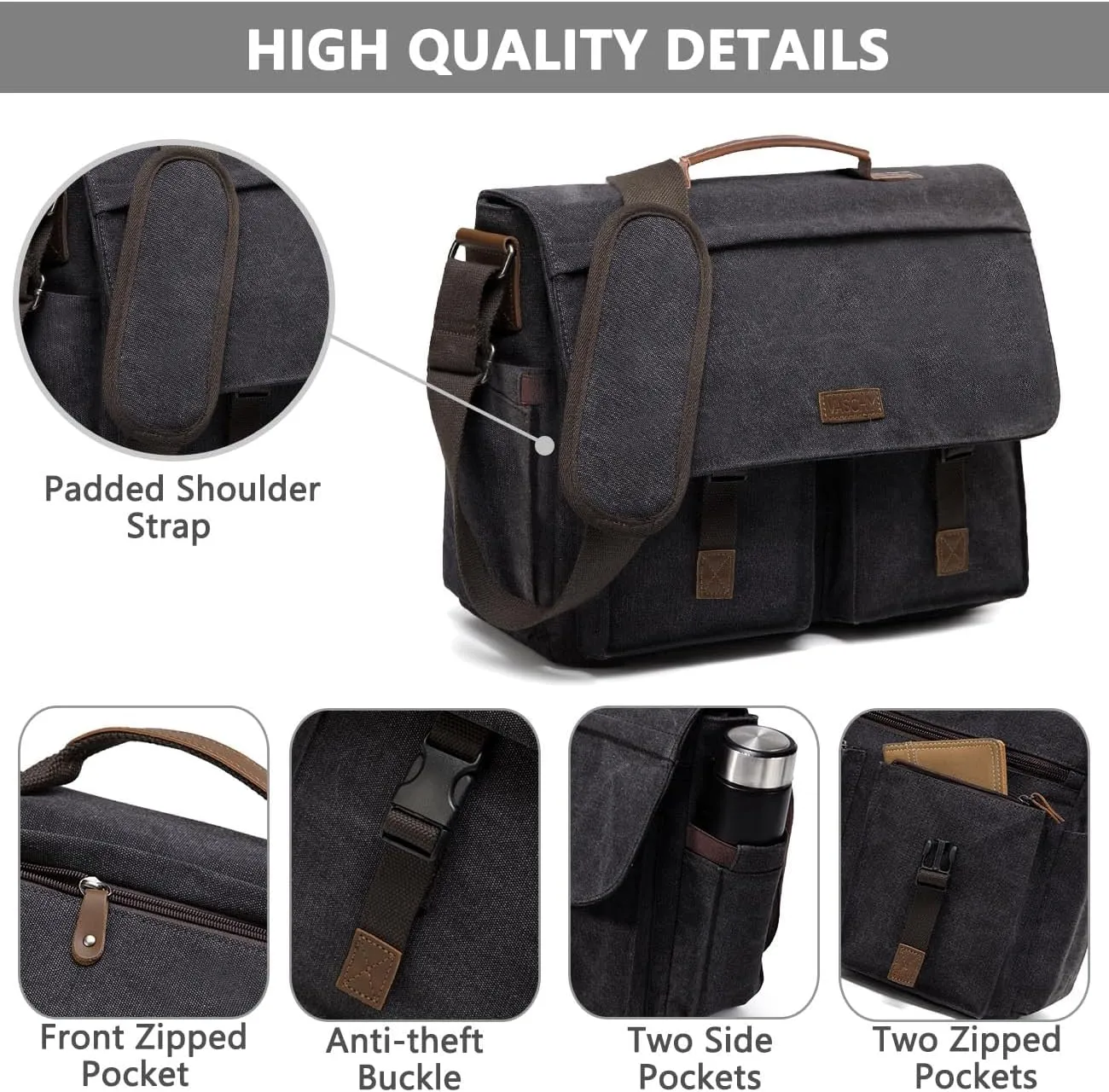 Messenger Bag for Men,VASCHY Vintage Water Resistant Canvas Satchel 14 15.6 17inch Laptop Briefcase