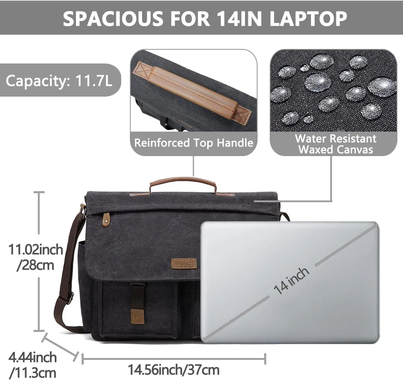 Messenger Bag for Men,VASCHY Vintage Water Resistant Canvas Satchel 14 15.6 17inch Laptop Briefcase