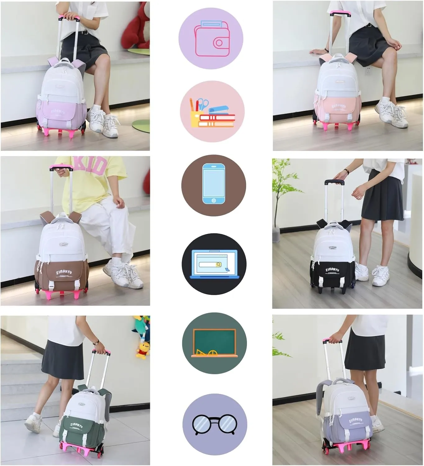 Mildame Rolling Backpack for Girls Boys School Backpack with Wheels Kids Wheeled Bookbag Blue Roller Back Pack