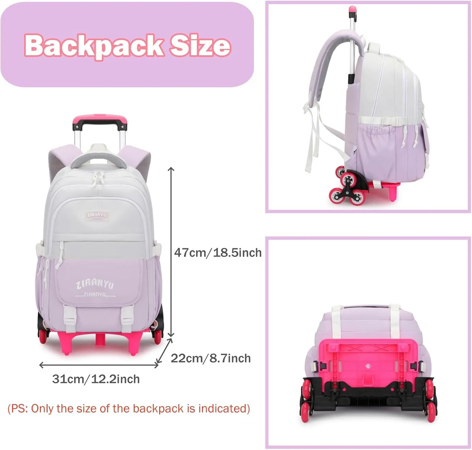 Mildame Rolling Backpack for Girls Boys School Backpack with Wheels Kids Wheeled Bookbag Blue Roller Back Pack