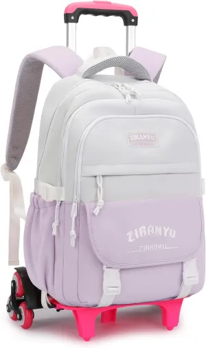 Mildame Rolling Backpack for Girls Boys School Backpack with Wheels Kids Wheeled Bookbag Purple Roller Back Pack