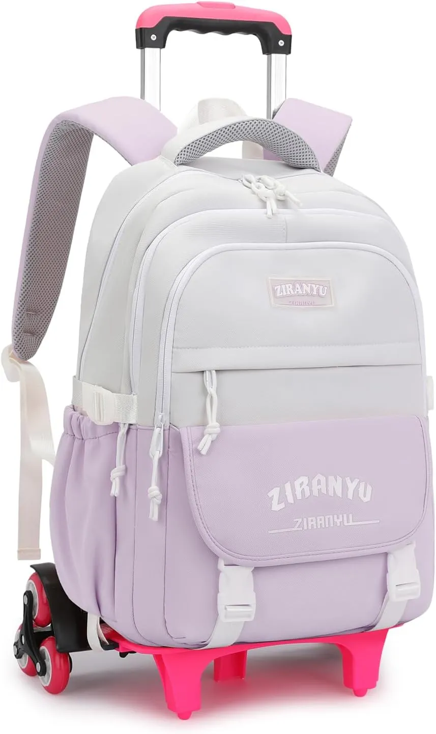 Mildame Rolling Backpack for Girls Boys School Backpack with Wheels Kids Wheeled Bookbag Purple Roller Back Pack