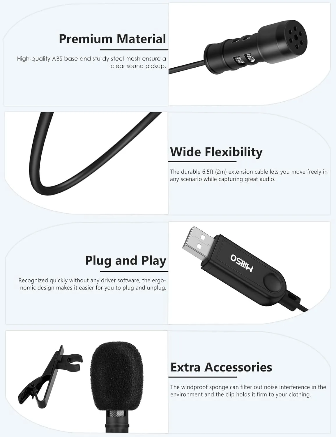 MillSO USB PC Microphone Plug & Play USB Lavalier Microphone Omnidirectional External Clip-on Mini USB Microphone for Computer, Laptop, YouTube, Recording, Podcasting, Gaming - 2M/6.5FT