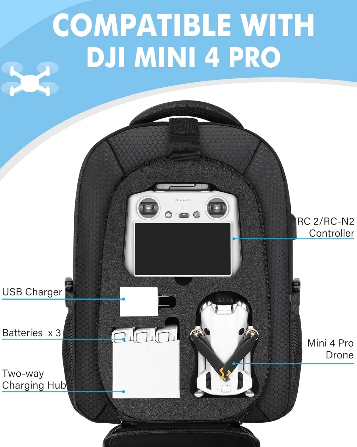 Mini 4 Pro Case, Waterproof Hard Carrying Case, Large Drone Bag Fits 15.6 Inch Laptop, Travel Backpack Compatible with DJI Mini 4 Pro, RC 2/ RC-N2 Controller, Fly More Combo and Accessories