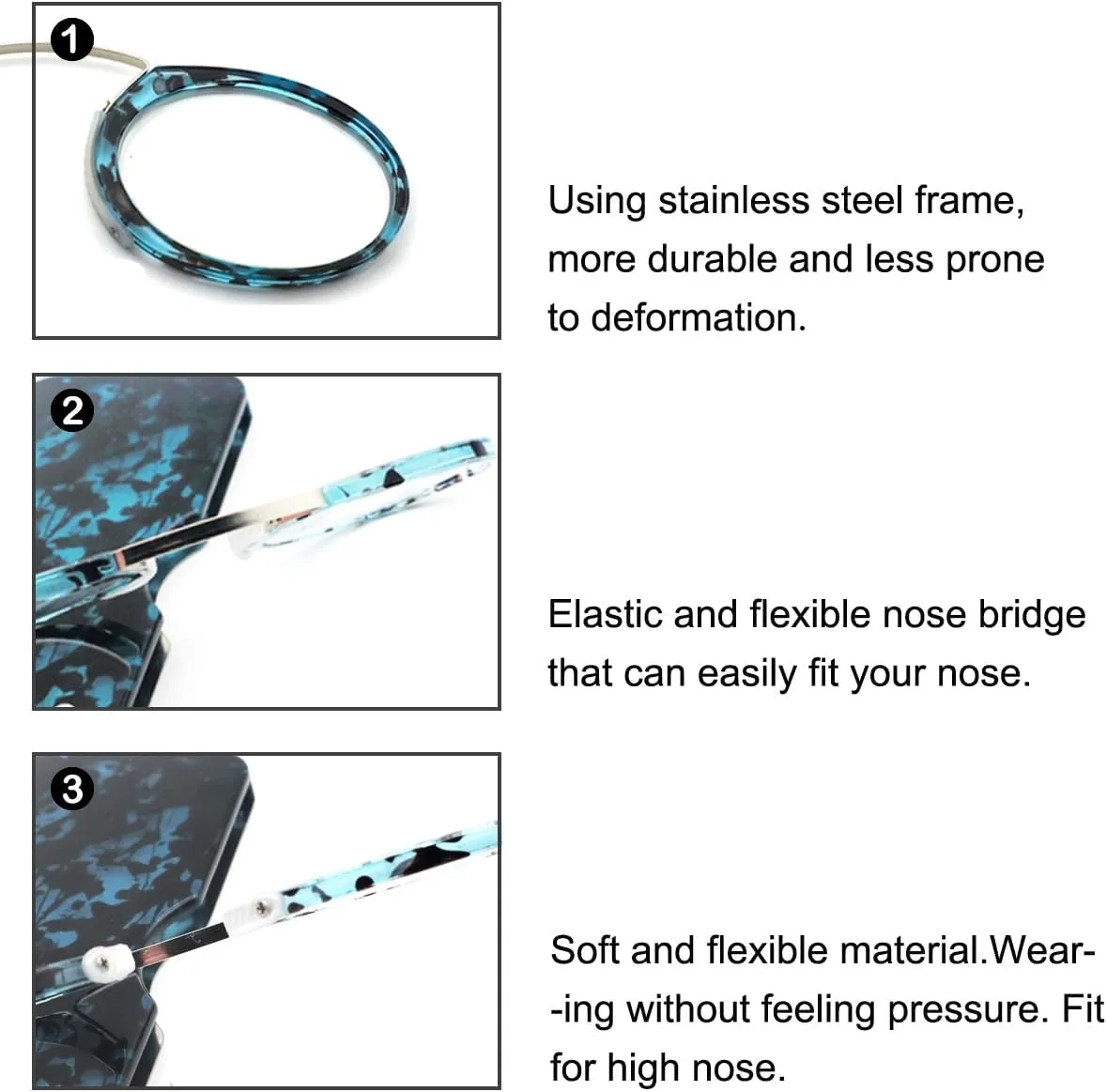 Mini Armless Reading Glasses for Men Women Slim Thin Clip on Nose Readers with Small Portable Case