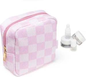 Mini Makeup Bag w/Cute Makeup Containers - Checkered, Corduroy, Pink - Makeup Bag Small, Cute Makeup Bag, For Purse, Small Toiletry Bag, Cosmetic Pouch, Small Travel Bag, Mini Purse