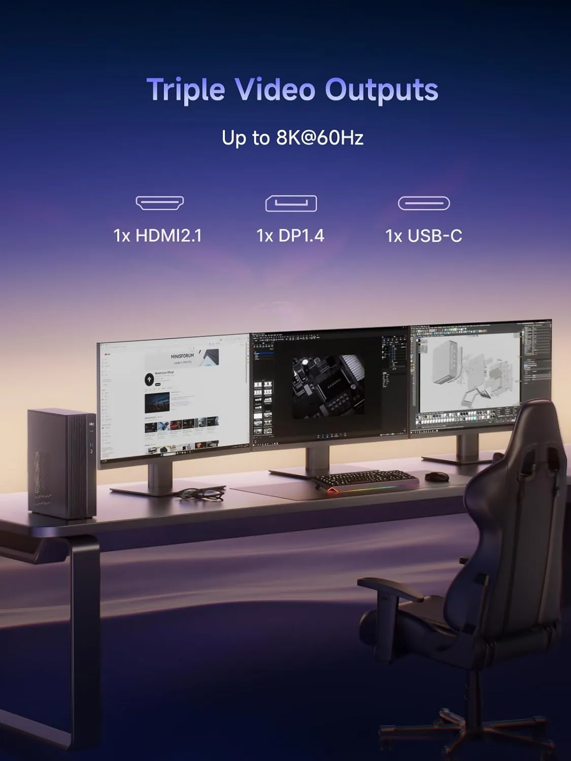 MINISFORUM 795S7 Mini Tower Gaming PC AMD Ryzen9 7945HX (16C/32T) Computer Without RAM/SSD/OS, 2x DDR5 Slots, 2x PCIe4.0 SSD, M.2 2230 Key E Slot, 2.5G Lan, HDMI DP USB-C Triple Video Outputs Computer