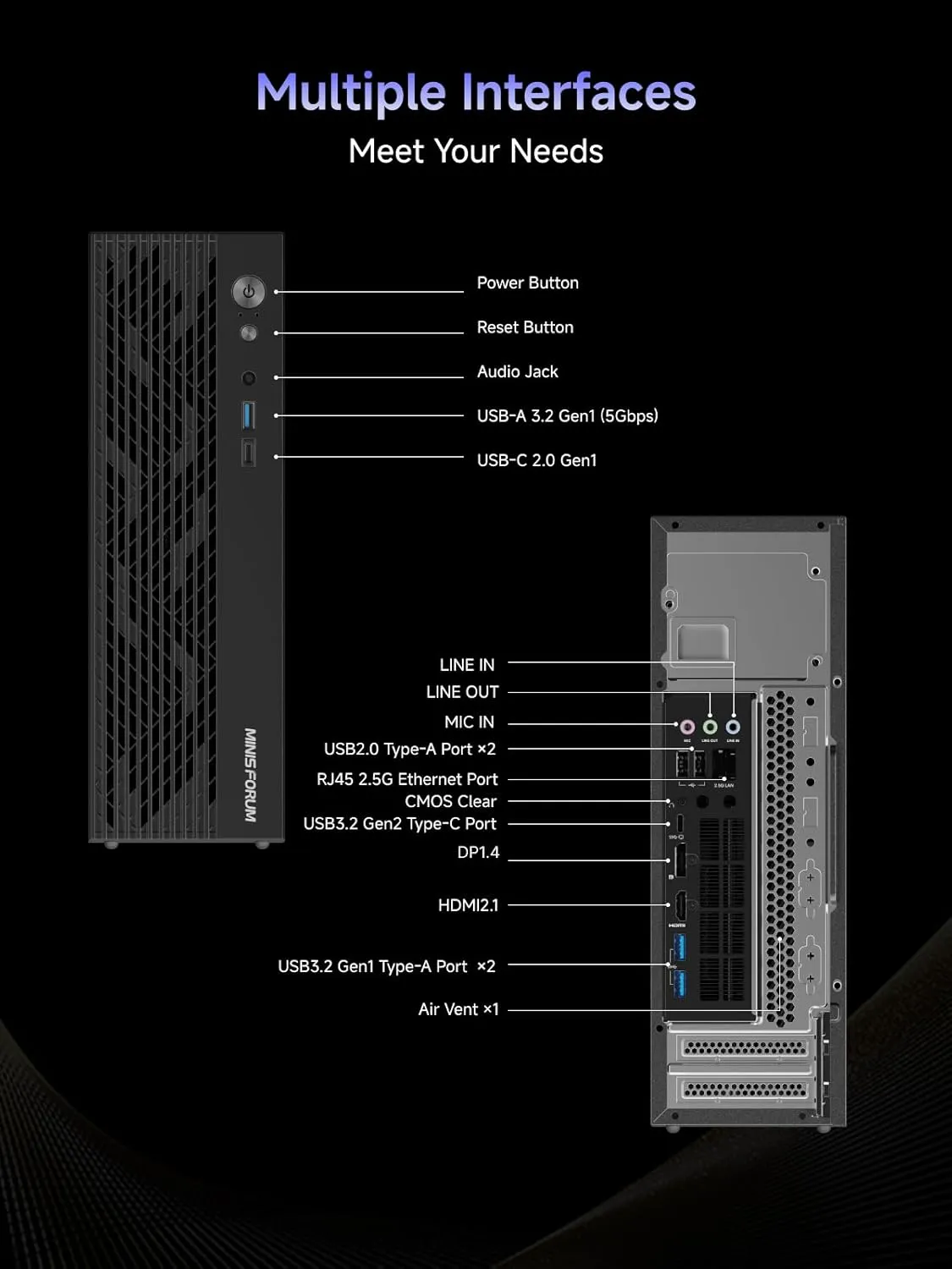 MINISFORUM 795S7 Mini Tower Gaming PC AMD Ryzen9 7945HX (16C/32T) Computer Without RAM/SSD/OS, 2x DDR5 Slots, 2x PCIe4.0 SSD, M.2 2230 Key E Slot, 2.5G Lan, HDMI DP USB-C Triple Video Outputs Computer