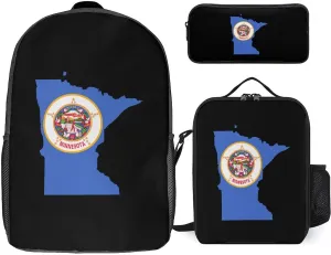 Minnesota State Flag Map Fashion 17 in Backpack 3PC Sets Cute Printed Insulated Lunch Bag Set with Pencil Case