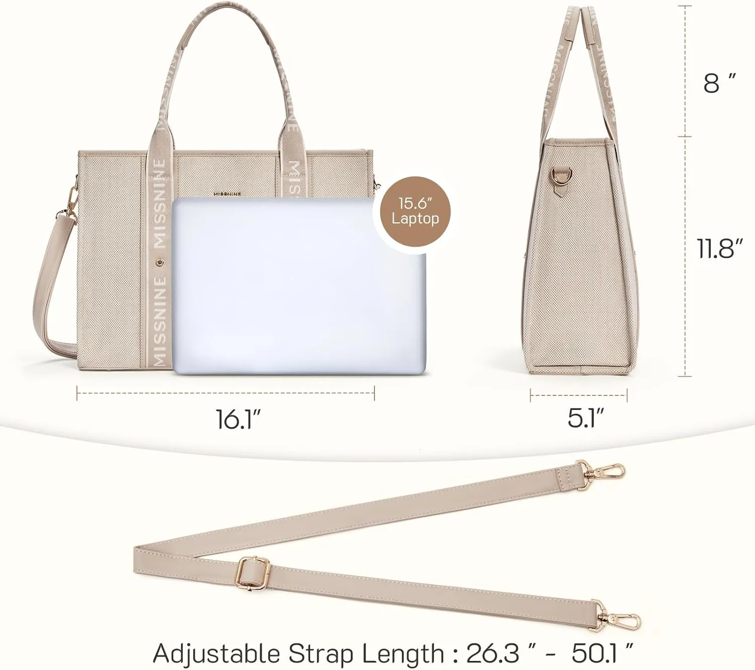 Missnine Tote Bag Canvas Laptop Bag 15.6 inch Briefcase for Women Large Capacity Handbag for Office, School, Travel