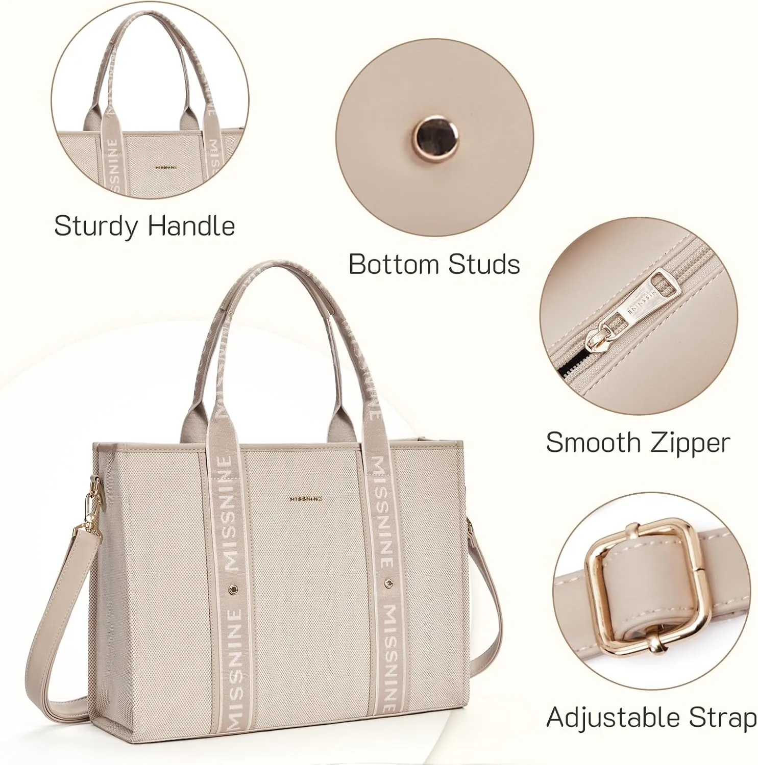 Missnine Tote Bag Canvas Laptop Bag 15.6 inch Briefcase for Women Large Capacity Handbag for Office, School, Travel