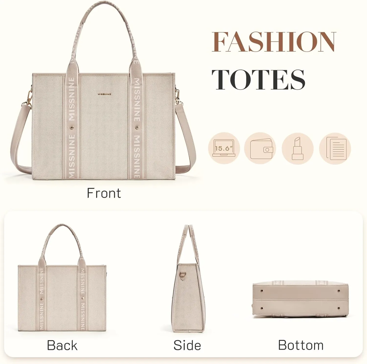 Missnine Tote Bag Canvas Laptop Bag 15.6 inch Briefcase for Women Large Capacity Handbag for Office, School, Travel