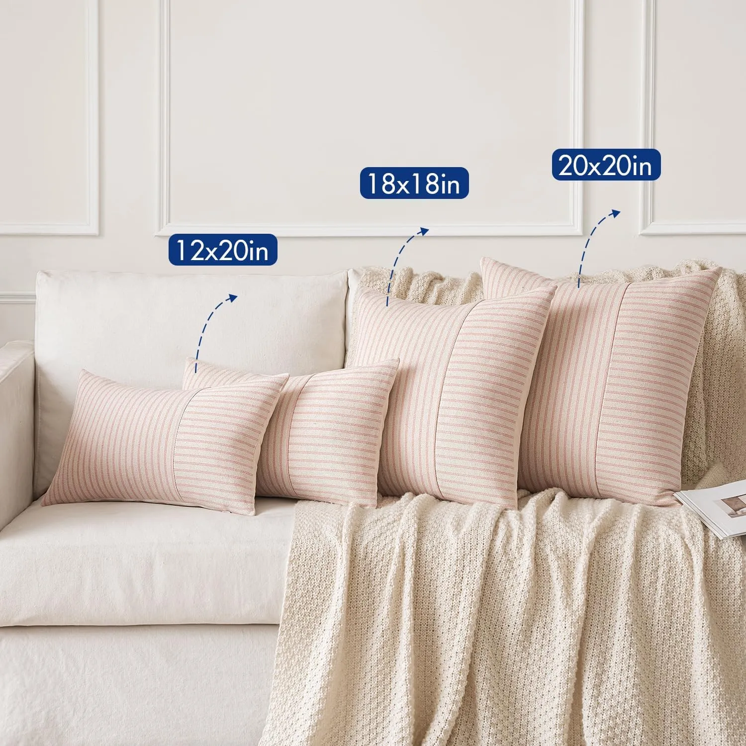 MIULEE Pink and Beige Patchwork Farmhouse Pillow Covers 18x18 Inch, Pack of 2 Striped Linen Spring Decorative Modern Accent Pillow Cases for Sofa Couch Bedroom