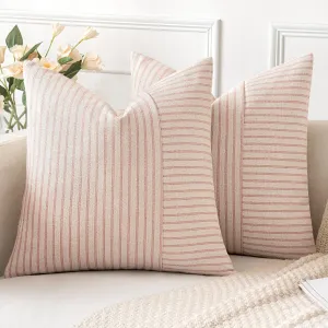 MIULEE Pink and Beige Patchwork Farmhouse Pillow Covers 18x18 Inch, Pack of 2 Striped Linen Spring Decorative Modern Accent Pillow Cases for Sofa Couch Bedroom