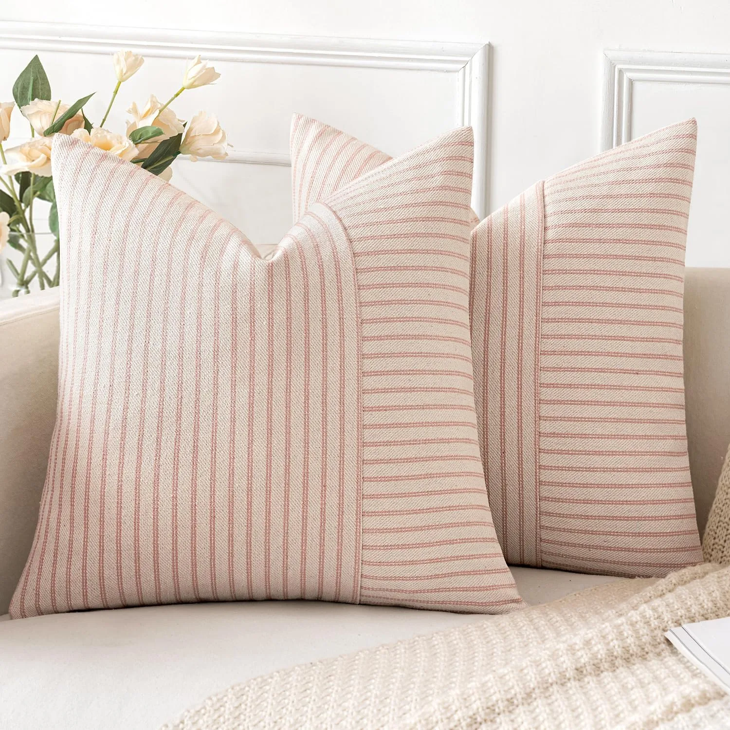 MIULEE Pink and Beige Patchwork Farmhouse Pillow Covers 18x18 Inch, Pack of 2 Striped Linen Spring Decorative Modern Accent Pillow Cases for Sofa Couch Bedroom