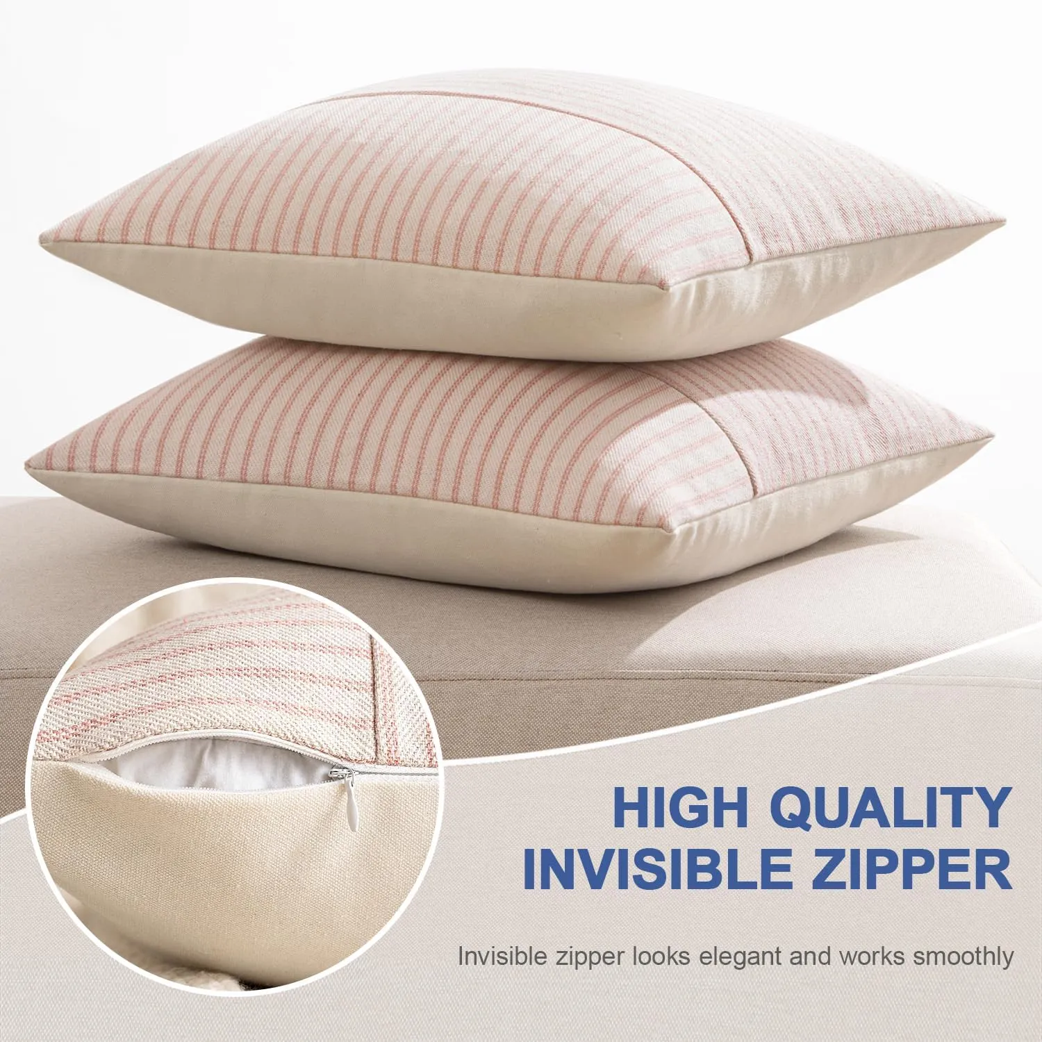 MIULEE Pink and Beige Patchwork Farmhouse Pillow Covers 18x18 Inch, Pack of 2 Striped Linen Spring Decorative Modern Accent Pillow Cases for Sofa Couch Bedroom