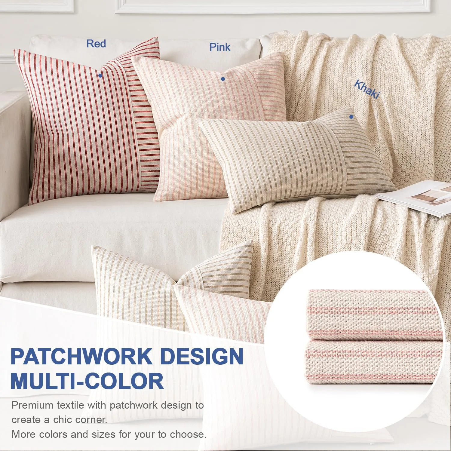 MIULEE Pink and Beige Patchwork Farmhouse Pillow Covers 18x18 Inch, Pack of 2 Striped Linen Spring Decorative Modern Accent Pillow Cases for Sofa Couch Bedroom