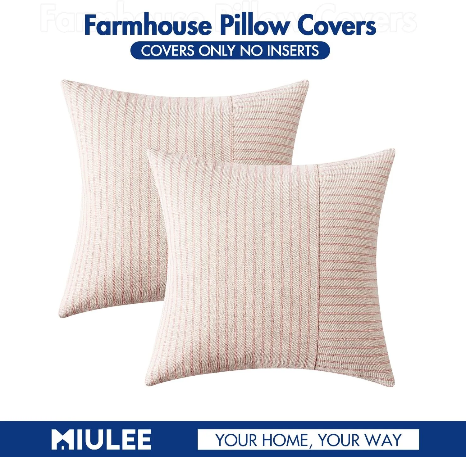 MIULEE Pink and Beige Patchwork Farmhouse Pillow Covers 18x18 Inch, Pack of 2 Striped Linen Spring Decorative Modern Accent Pillow Cases for Sofa Couch Bedroom