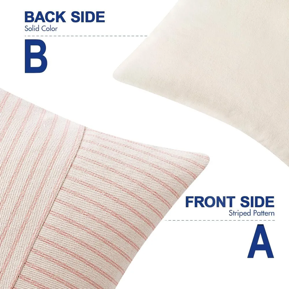 MIULEE Pink and Beige Patchwork Farmhouse Pillow Covers 18x18 Inch, Pack of 2 Striped Linen Spring Decorative Modern Accent Pillow Cases for Sofa Couch Bedroom