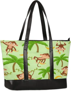 Monkey Banana Coconut Tree Laptop Tote Bag for Women Lightweight Work Purse with Multiple Compartments Fits 13-15.6 Inch Laptop Tablet Shoulder Bag for Office Travel Daily Use