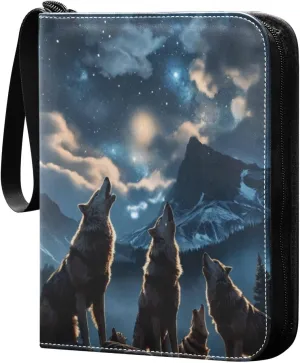 Moonlight Wolf Howling Card Binder 4 Pocket Trading Card Album Fits 400 Sports/Game Cards, PU Cover 3 Ring Card Collection with 50 Removable Sleeves
