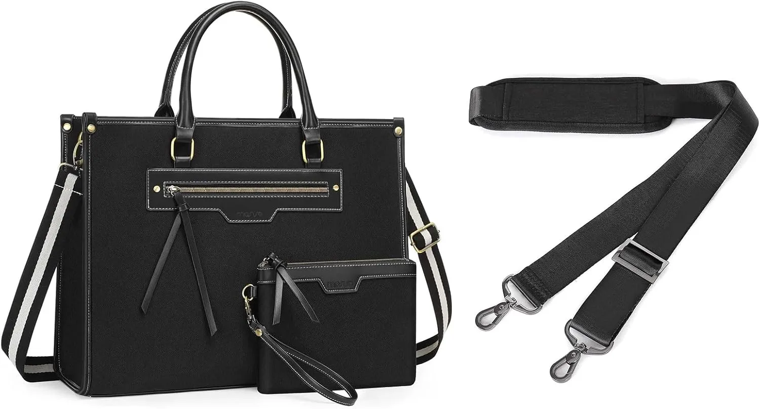 MOSISO 56 inch Shoulder Strap & 15.6 inch Canvas Laptop Bag for Women with Front Pocket for Business Office Work Travel with Purse, Black
