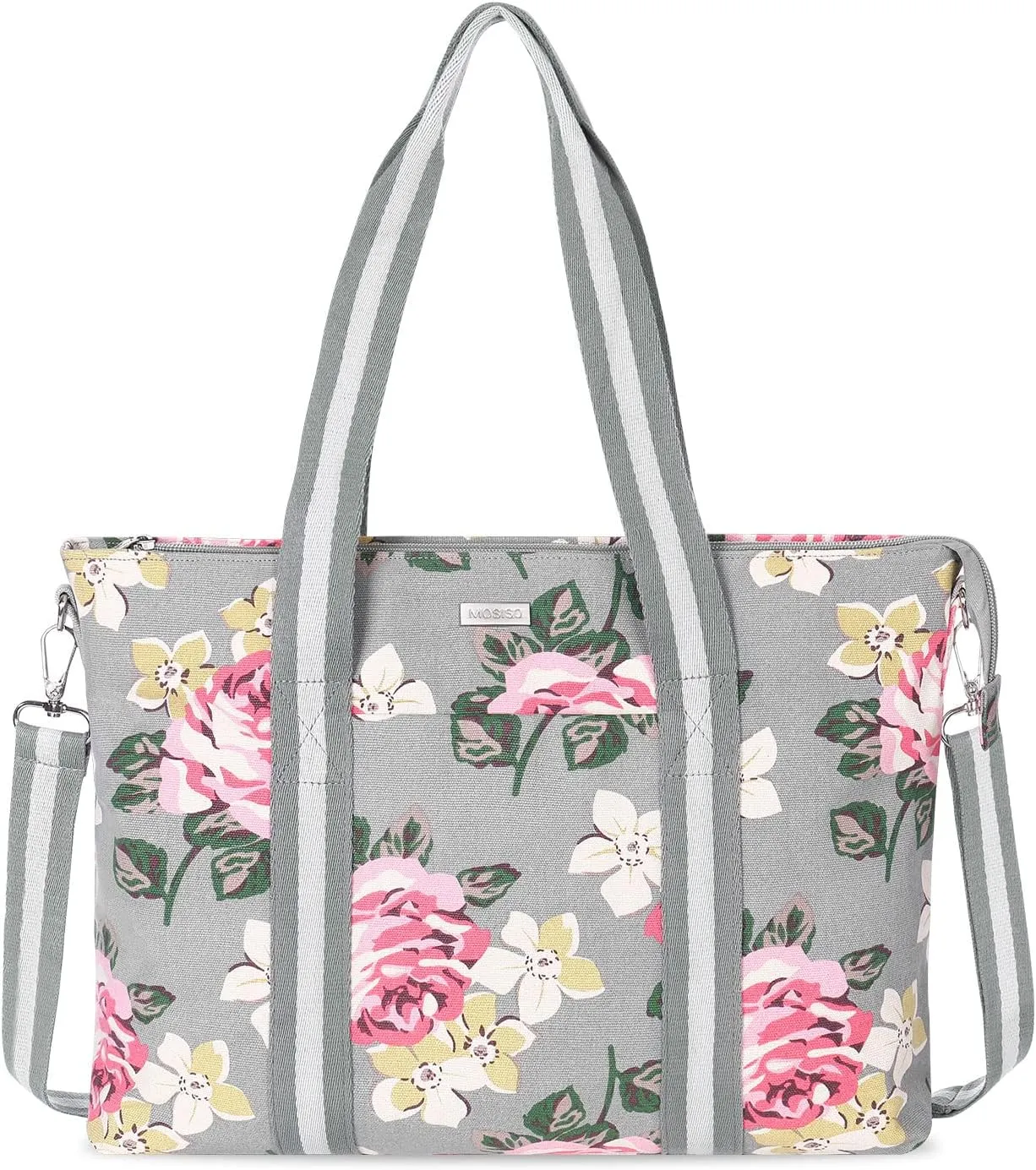 MOSISO Laptop Tote Bag for Women (17-17.3 inch), Canvas Rose Multifunctional Work Travel Shopping Duffel Carrying Shoulder Handbag Compatible with MacBook, Notebook and Chromebook, Grey