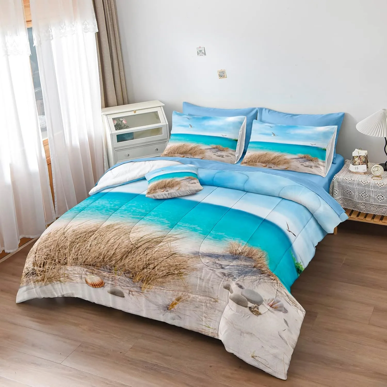 MOVE OVER Beach Comforter Set Twin Size 6 Pcs Blue Ocean Comforter Bed in A Bag Seagull and Rocks Seascape Pattern Coastal Bedding Set Summer Holiday Ocean Beach Room Decor