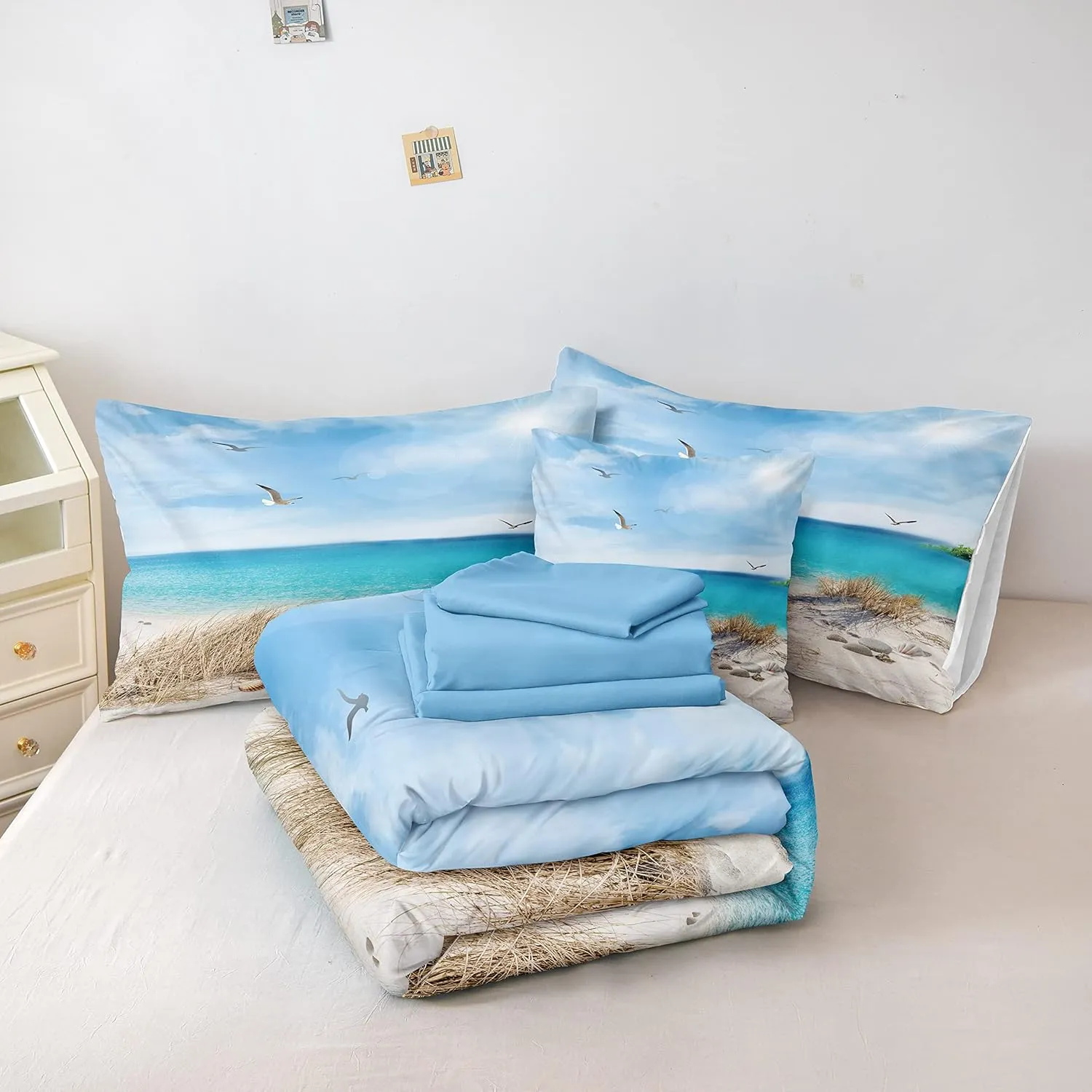 MOVE OVER Beach Comforter Set Twin Size 6 Pcs Blue Ocean Comforter Bed in A Bag Seagull and Rocks Seascape Pattern Coastal Bedding Set Summer Holiday Ocean Beach Room Decor