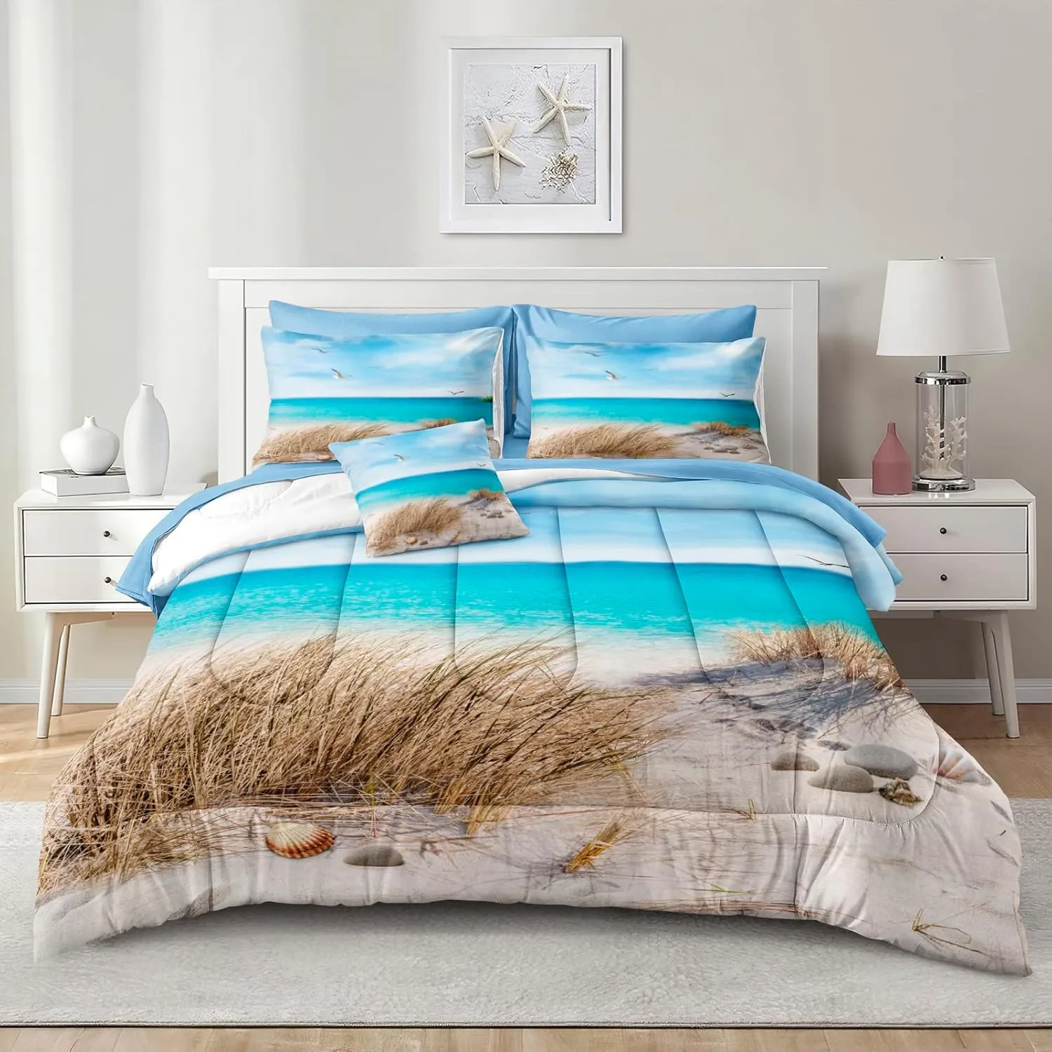 MOVE OVER Beach Comforter Set Twin Size 6 Pcs Blue Ocean Comforter Bed in A Bag Seagull and Rocks Seascape Pattern Coastal Bedding Set Summer Holiday Ocean Beach Room Decor
