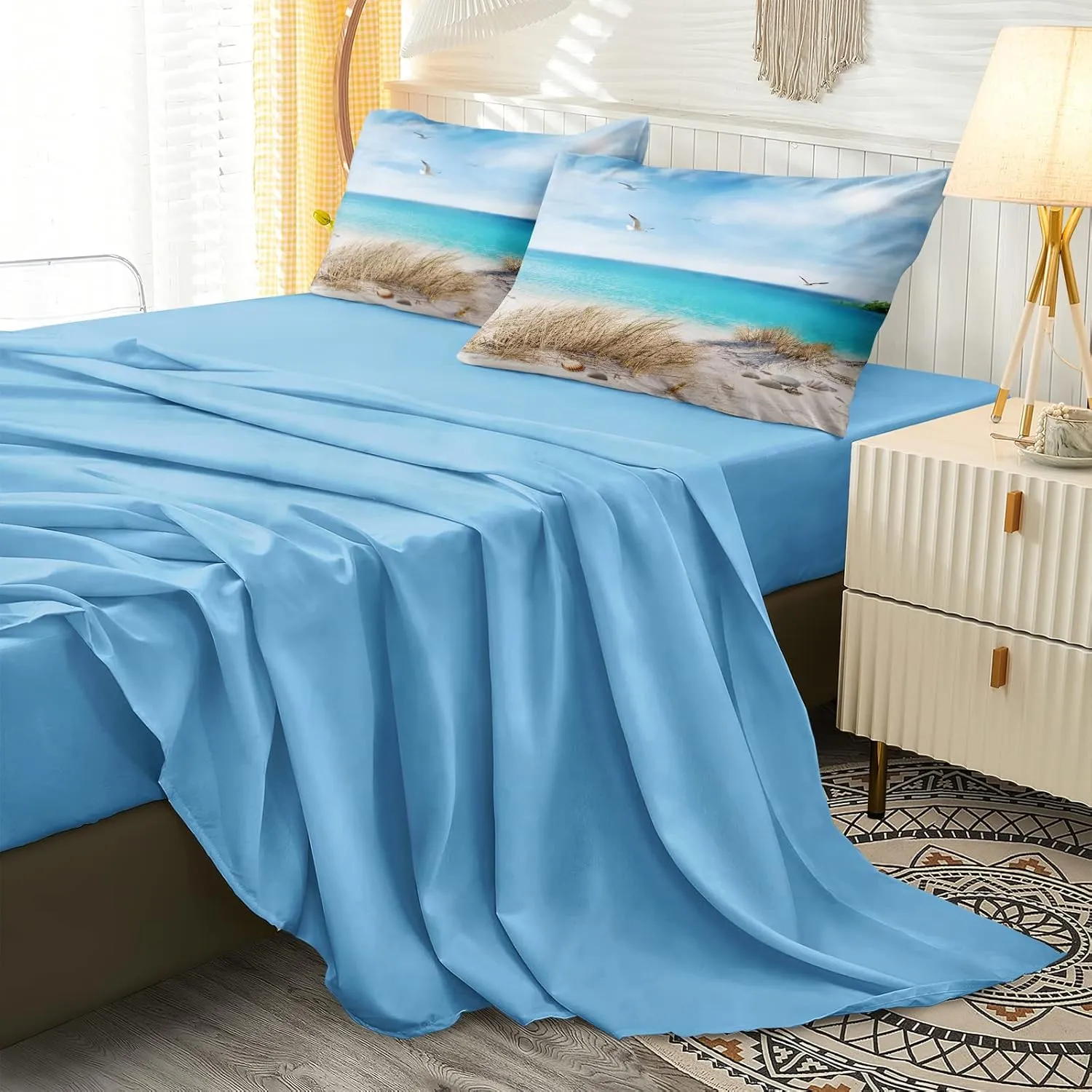 MOVE OVER Beach Comforter Set Twin Size 6 Pcs Blue Ocean Comforter Bed in A Bag Seagull and Rocks Seascape Pattern Coastal Bedding Set Summer Holiday Ocean Beach Room Decor