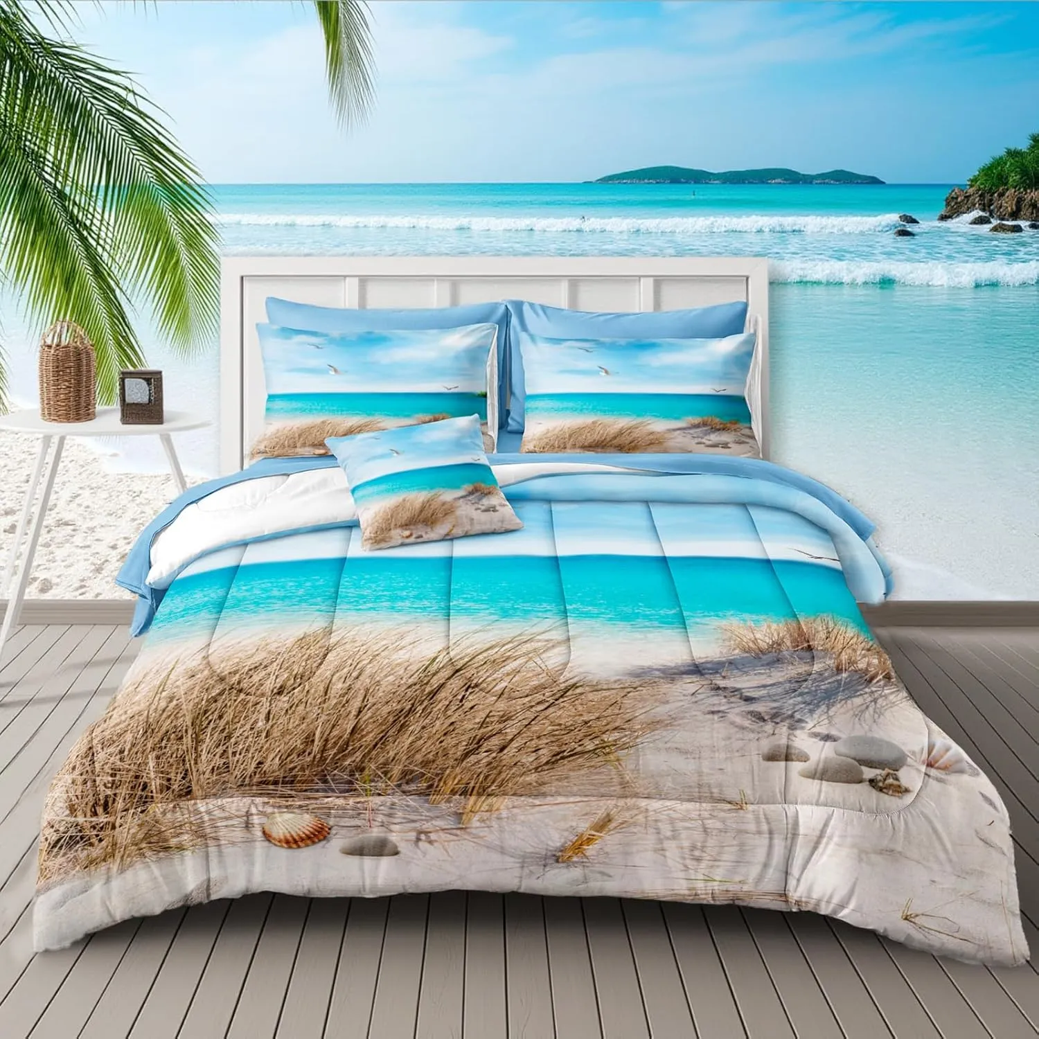 MOVE OVER Beach Comforter Set Twin Size 6 Pcs Blue Ocean Comforter Bed in A Bag Seagull and Rocks Seascape Pattern Coastal Bedding Set Summer Holiday Ocean Beach Room Decor