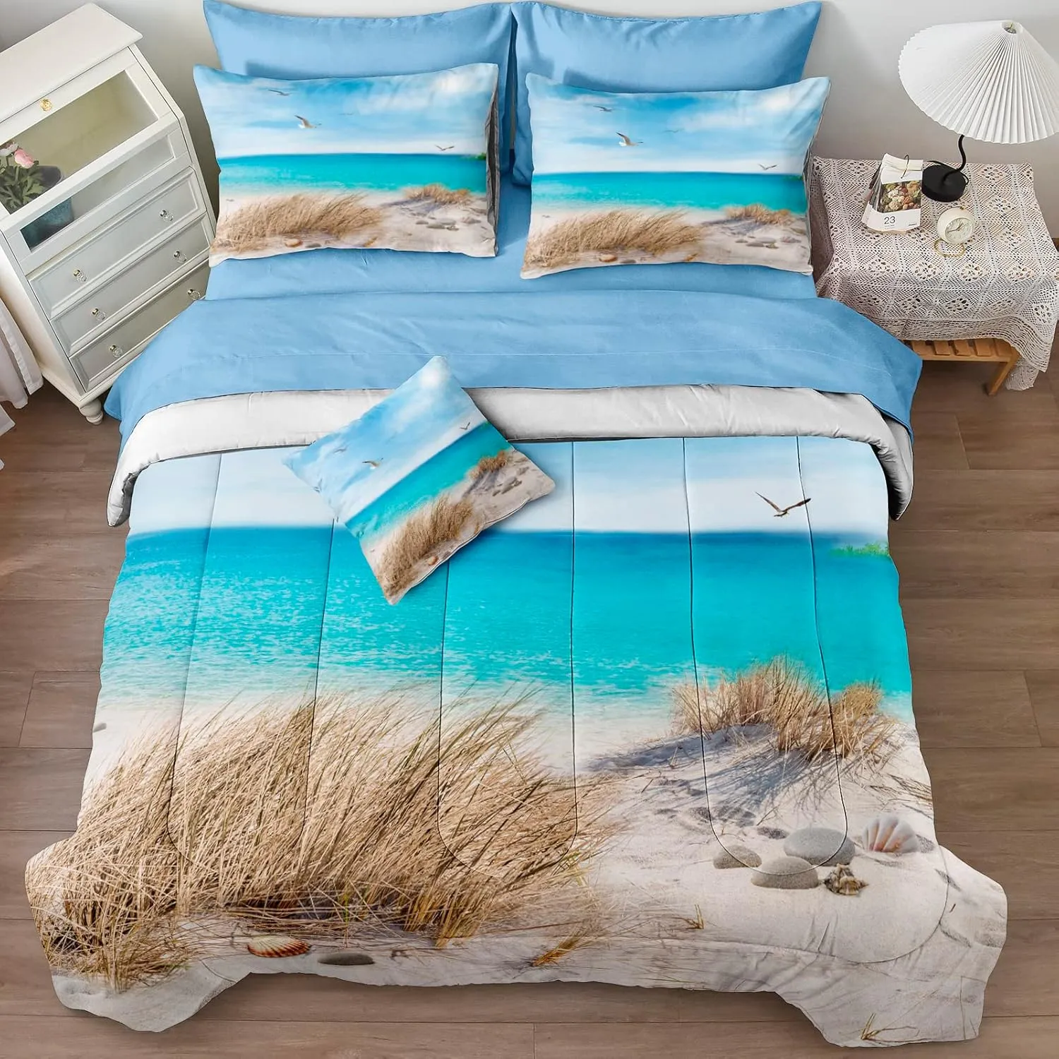 MOVE OVER Beach Comforter Set Twin Size 6 Pcs Blue Ocean Comforter Bed in A Bag Seagull and Rocks Seascape Pattern Coastal Bedding Set Summer Holiday Ocean Beach Room Decor