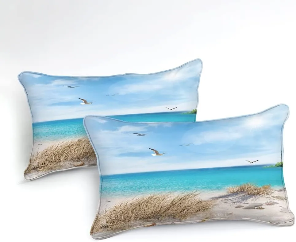 MOVE OVER Beach Comforter Set Twin Size 6 Pcs Blue Ocean Comforter Bed in A Bag Seagull and Rocks Seascape Pattern Coastal Bedding Set Summer Holiday Ocean Beach Room Decor
