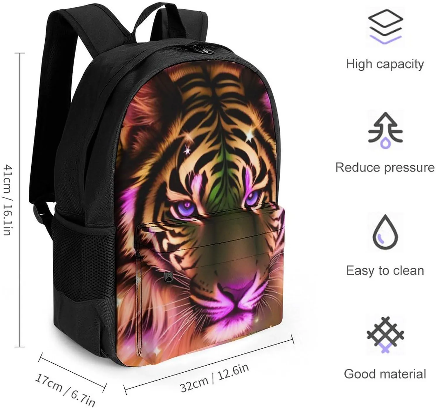 Mystic Fantasy Galaxy Sky Fantasy Tiger Wild Animals Boho Style Rucksacks Lightweight Multipurpose Anti-Theft Shoulder Bag Big Capacity Traveling & Camping Backpack With Side Pockets