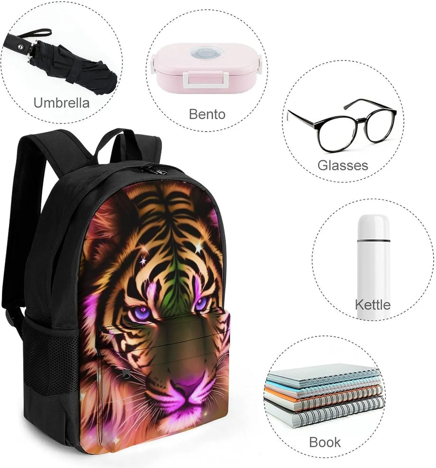 Mystic Fantasy Galaxy Sky Fantasy Tiger Wild Animals Boho Style Rucksacks Lightweight Multipurpose Anti-Theft Shoulder Bag Big Capacity Traveling & Camping Backpack With Side Pockets
